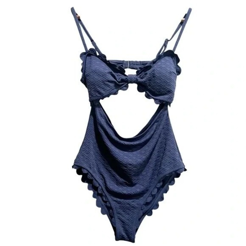Ruffled One Piece Swimsuit Cutout Bow Tie Blue‎ Large